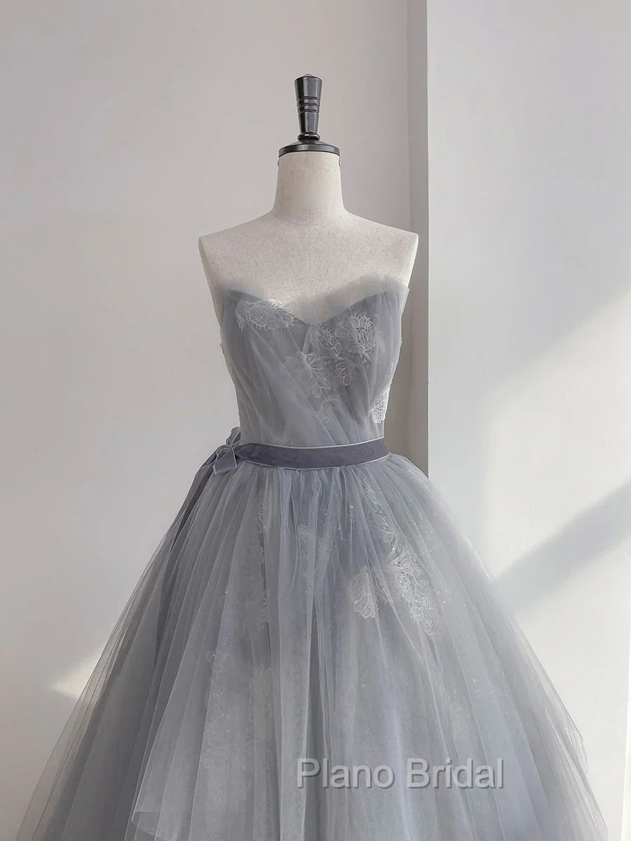 A Line Strapless Appliques Gray Tulle Long Formal Prom Dresses Evening Dresses
