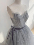 A Line Strapless Appliques Gray Tulle Long Formal Prom Dresses Evening Dresses