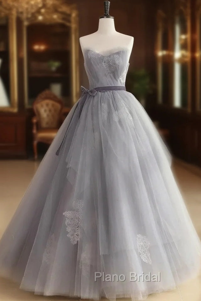 A Line Strapless Appliques Gray Tulle Long Formal Prom Dresses Evening Dresses Main image