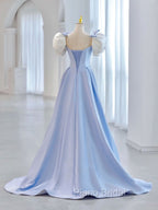 Blue A-Line Satin Long Formal Prom Dresses, Blue Satin Formal Evening Dresses