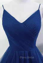 Blue A-line Straps Tulle Layers Long Party Dresses, Blue Long Formal Prom Dresses