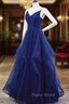 Blue A-line Straps Tulle Layers Long Party Dresses, Blue Long Formal Prom Dresses