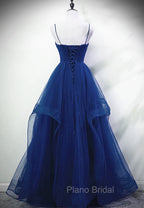 Blue A-line Straps Tulle Layers Long Party Dresses, Blue Long Formal Prom Dresses