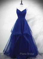 Blue A-line Straps Tulle Layers Long Party Dresses, Blue Long Formal Prom Dresses