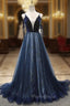 Blue A-line Straps Tulle Long Evening Dresses Party Dresses, Blue Bridesmaid Dresses