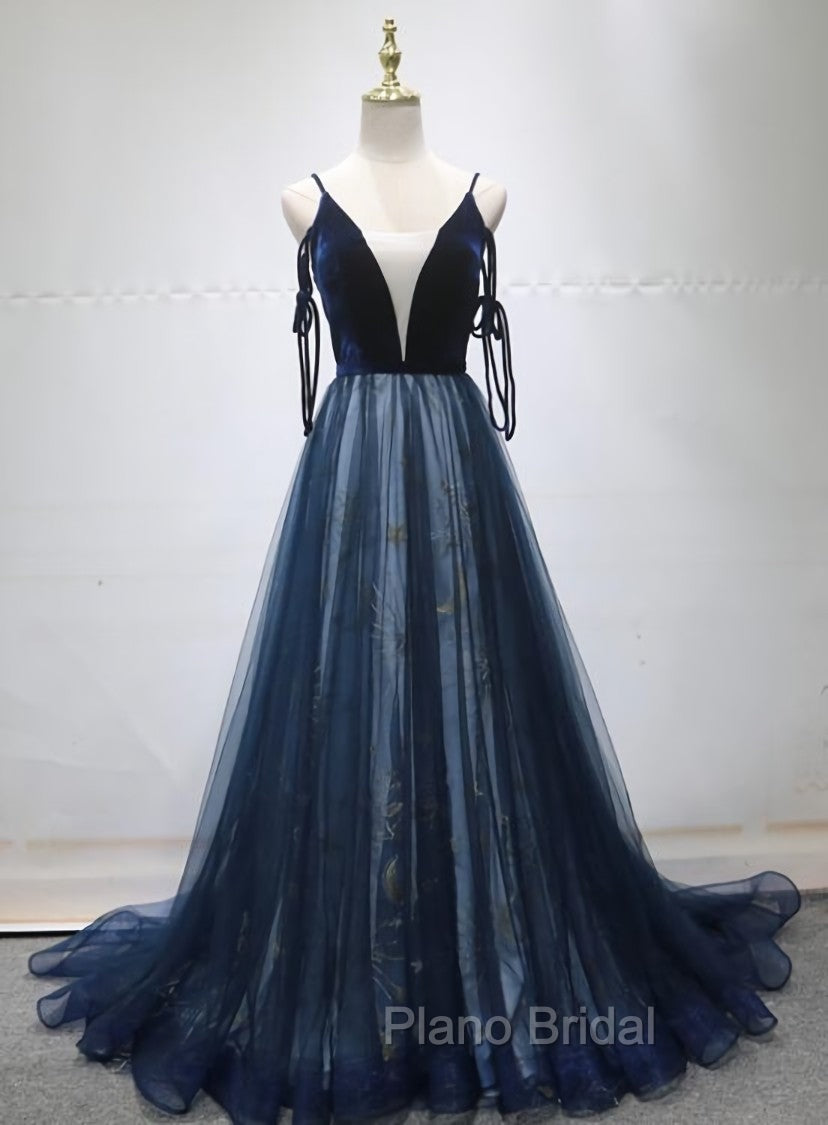 Blue A-line Straps Tulle Long Evening Dresses Party Dresses, Blue Bridesmaid Dresses Main image
