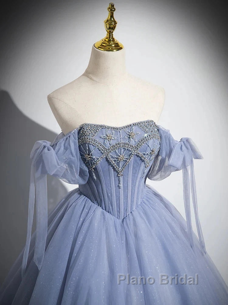 Blue A-Line Tulle Beads Long Formal Prom Dresses, Blue Long Formal Dresses Secondary image