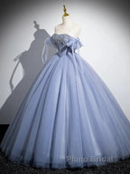 Blue A-Line Tulle Beads Long Formal Prom Dresses, Blue Long Formal Dresses