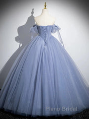 Blue A-Line Tulle Beads Long Formal Prom Dresses, Blue Long Formal Dresses