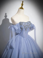 Blue A-Line Tulle Beads Long Formal Prom Dresses, Blue Long Formal Dresses