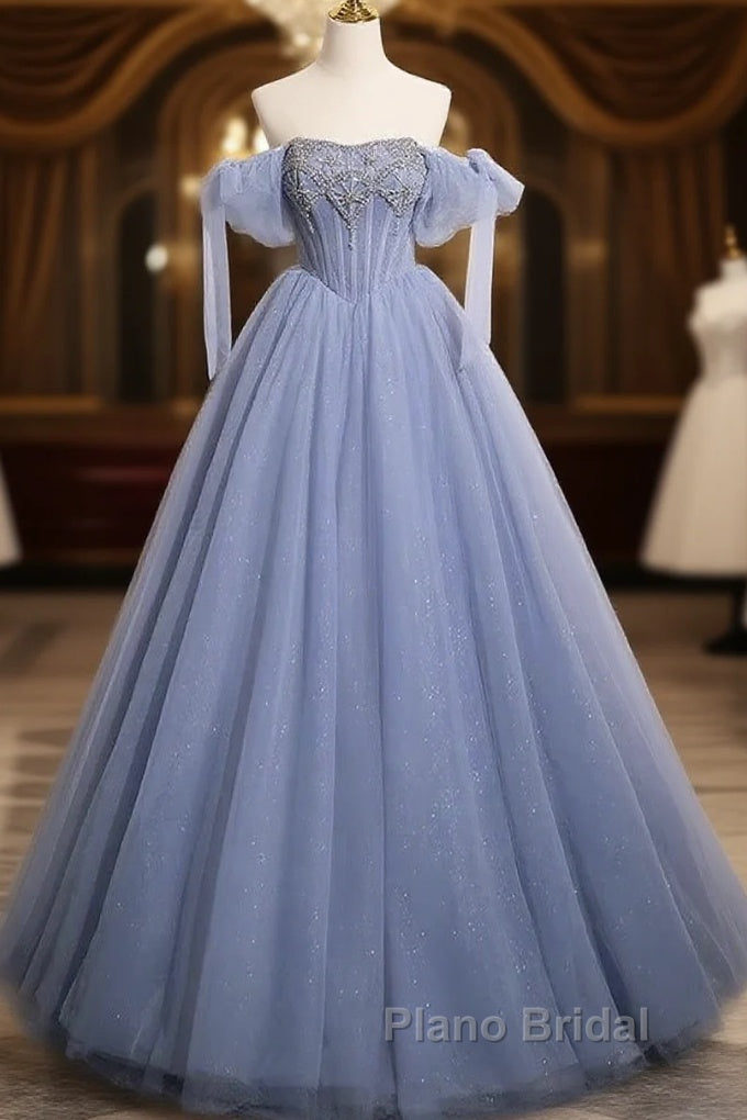 Blue A-Line Tulle Beads Long Formal Prom Dresses, Blue Long Formal Dresses