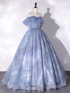 Blue A-Line Tulle Lace Long Formal Prom Dresses, Blue Formal Graduation Dresses