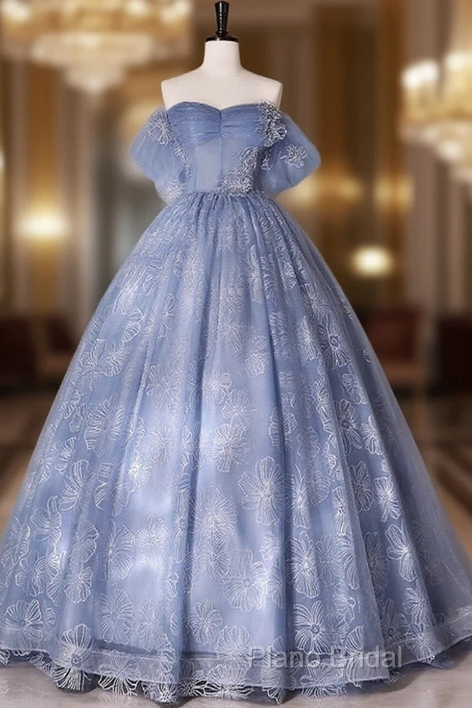 Blue A-Line Tulle Lace Long Formal Prom Dresses, Blue Formal Graduation Dresses