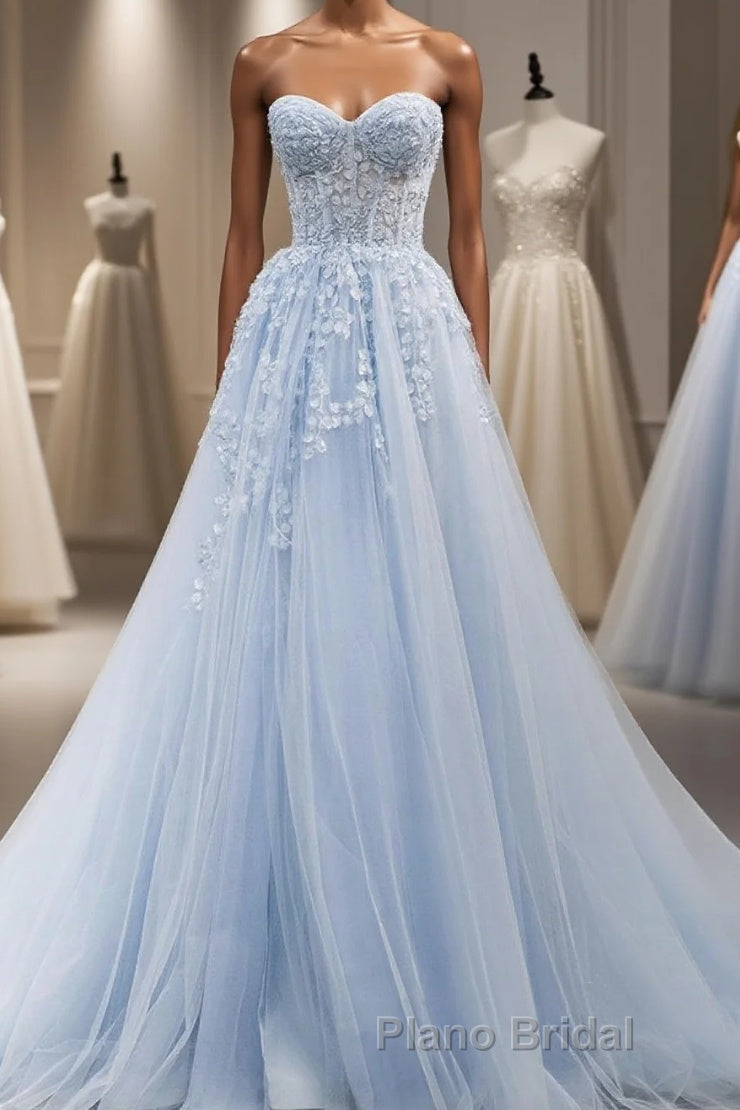 Blue A line tulle lace long Formal Prom dress blue lace formal dress