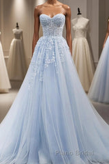 Blue A line tulle lace long Formal Prom dress blue lace formal dress
