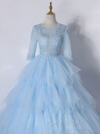 Blue A-Line Tulle Lace Long Formal Prom Dresses, Blue Lace Formal Evening Dresses