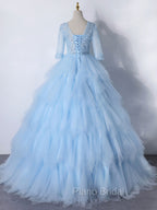 Blue A-Line Tulle Lace Long Formal Prom Dresses, Blue Lace Formal Evening Dresses