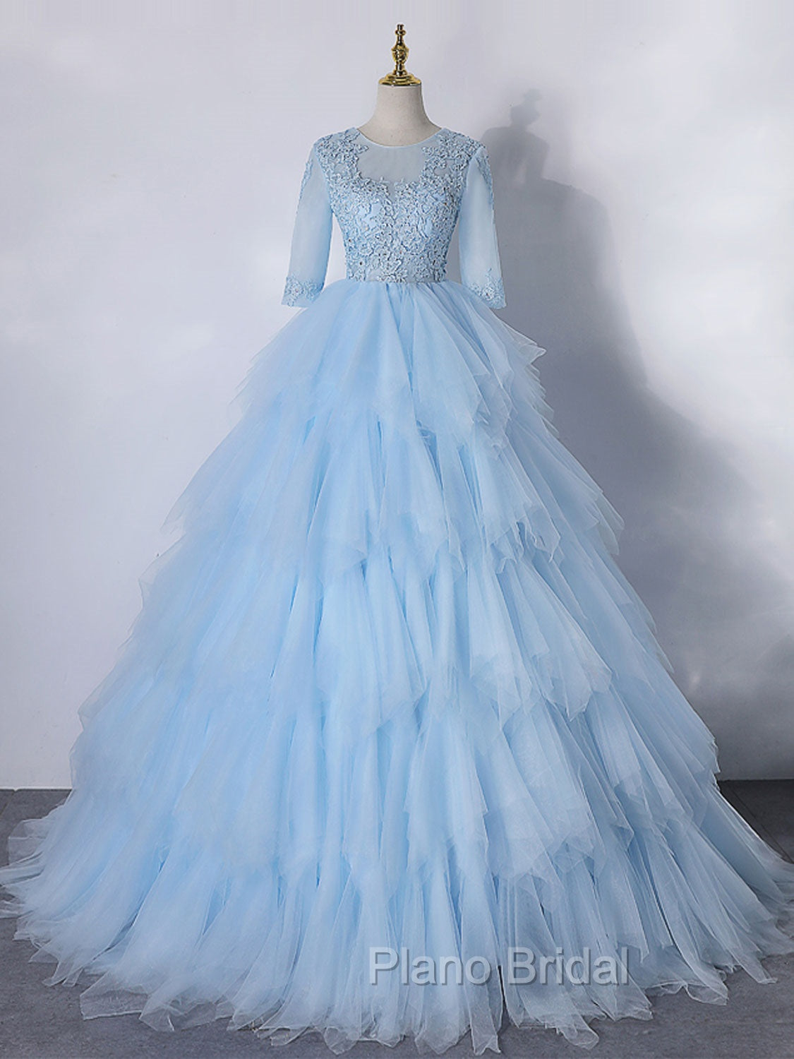 Blue A-Line Tulle Lace Long Formal Prom Dresses, Blue Lace Formal Evening Dresses Main image