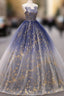 Blue A line Tulle Lace Long Formal Prom Dresses, Tulle Formal Blue Graduation Dresses