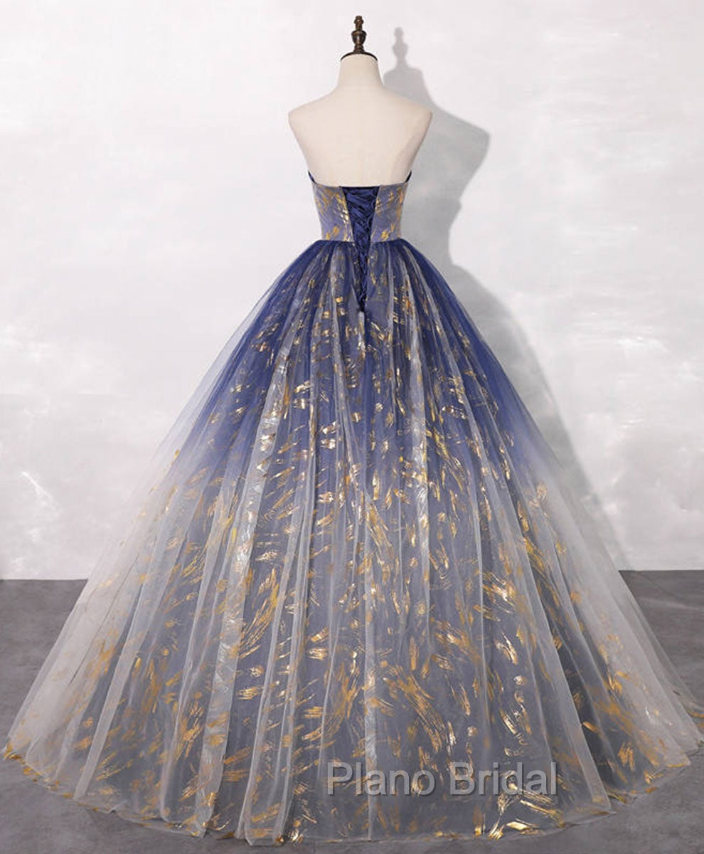 Blue A line Tulle Lace Long Formal Prom Dresses, Tulle Formal Blue Graduation Dresses