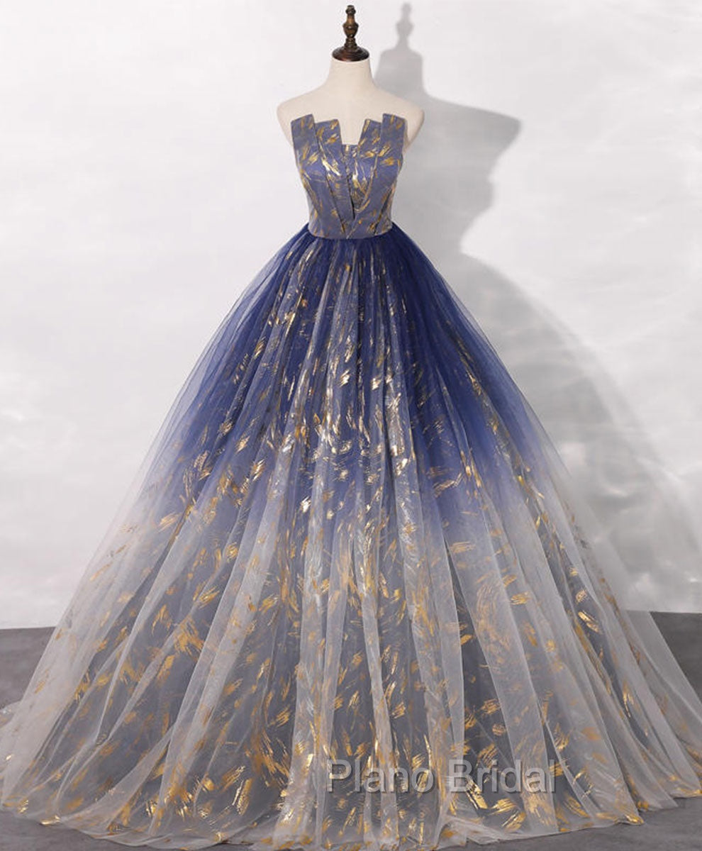 Blue A line Tulle Lace Long Formal Prom Dresses, Tulle Formal Blue Graduation Dresses Main image