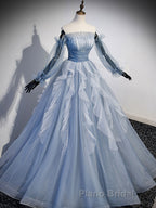 Blue A-Line Tulle Lace Long Formal Prom Dresses, Blue Formal Evening Dresses