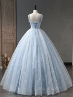 Blue A-Line Tulle Long Formal Prom Dresses, Blue Formal Sweet 16 Dresses