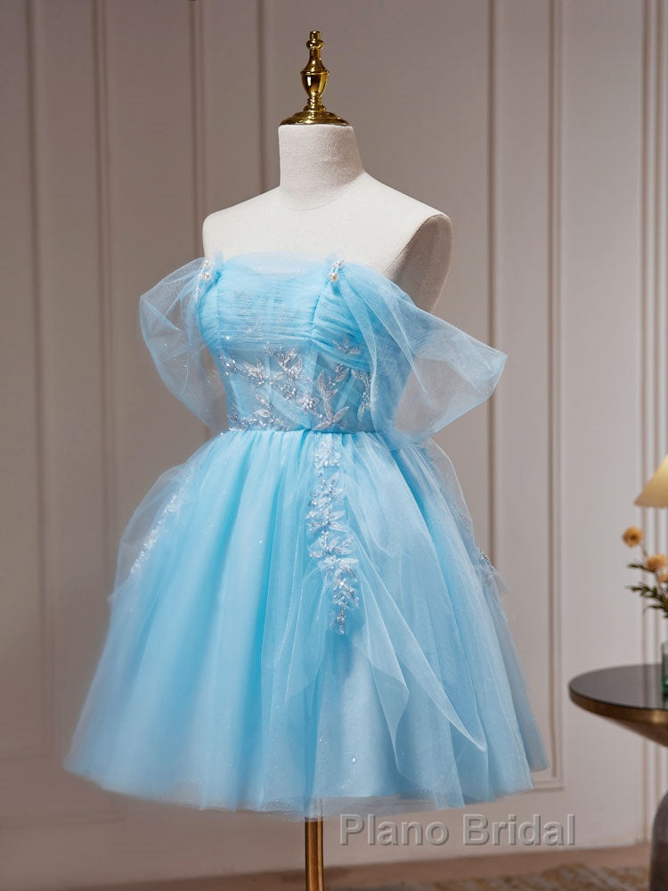 Blue A-line Tulle Short Formal Prom Dress, Blue Homecoming Dress Secondary image