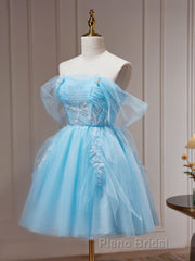 Blue A-line Tulle Short Formal Prom Dress, Blue Homecoming Dress