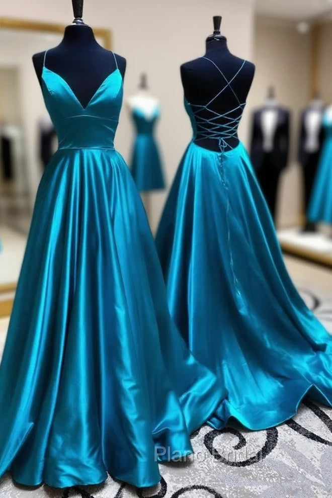 Blue A Line V Neck Backless Satin Long Formal Prom Dresses Open Back Formal Graduation Evening Gowns Main image
