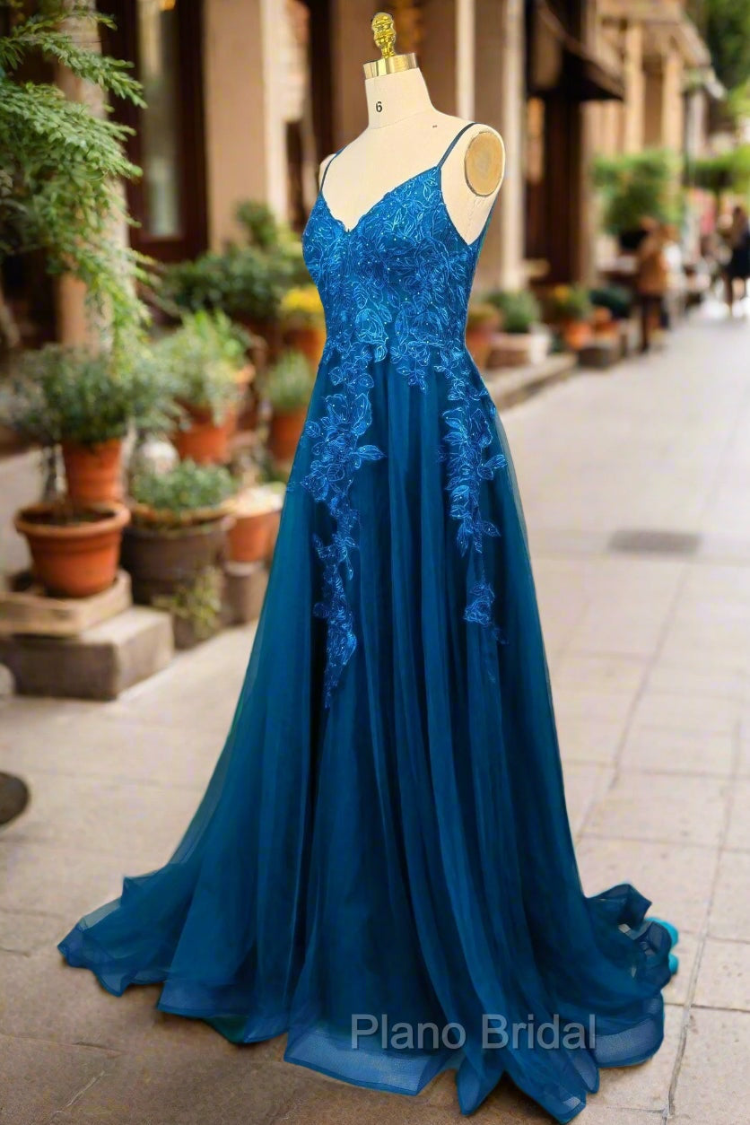 Blue A-line V Neck Formal Prom Dresses Spaghetti Straps Sweep Train Tulle Evening Dresses With Appliqued
