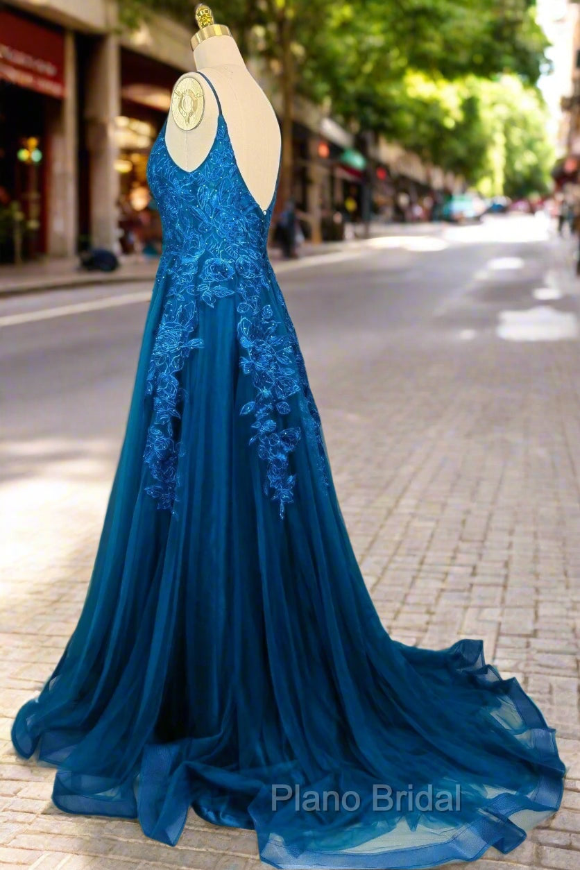 Blue A-line V Neck Formal Prom Dresses Spaghetti Straps Sweep Train Tulle Evening Dresses With Appliqued