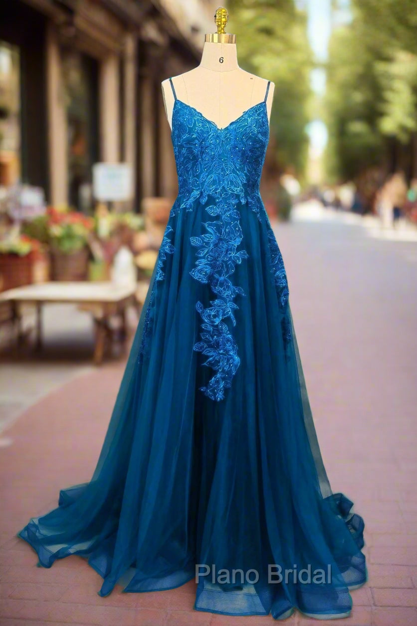 Blue A-line V Neck Formal Prom Dresses Spaghetti Straps Sweep Train Tulle Evening Dresses With Appliqued Main image