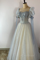 Blue And Champagne Tulle Beaded Shiny Tulle Formal Prom Dresses, A-Line Long Party Dresses