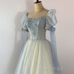 Blue And Champagne Tulle Beaded Shiny Tulle Formal Prom Dresses, A-Line Long Party Dresses