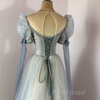 Blue And Champagne Tulle Beaded Shiny Tulle Formal Prom Dresses, A-Line Long Party Dresses