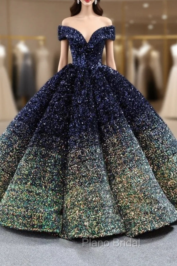 Blue And Green Sequins Off the Shoulder Formal Prom Dresses