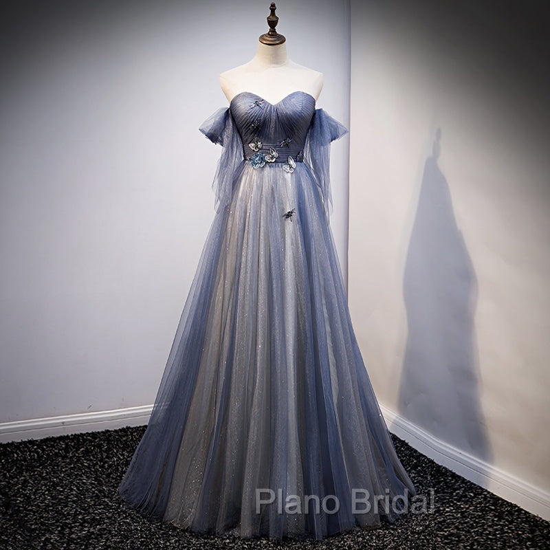 Blue and Grey Tulle Long Sweetheart Party Dresses, Tulle A-line Formal Dresses
