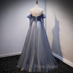Blue and Grey Tulle Long Sweetheart Party Dresses, Tulle A-line Formal Dresses