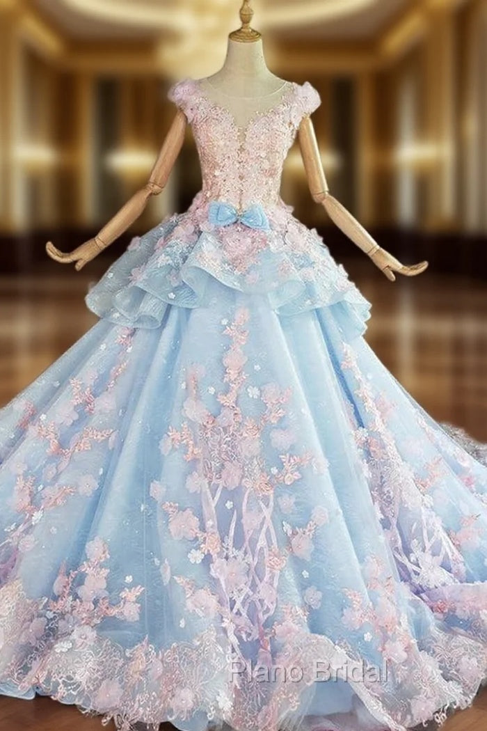 Blue and Pink Ball Gown Tulle with Flowers Sweet 16 Dresses, Blue Formal Dresses Main image