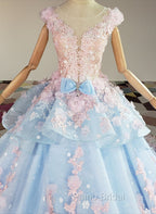 Blue and Pink Ball Gown Tulle with Flowers Sweet 16 Dresses, Blue Formal Dresses