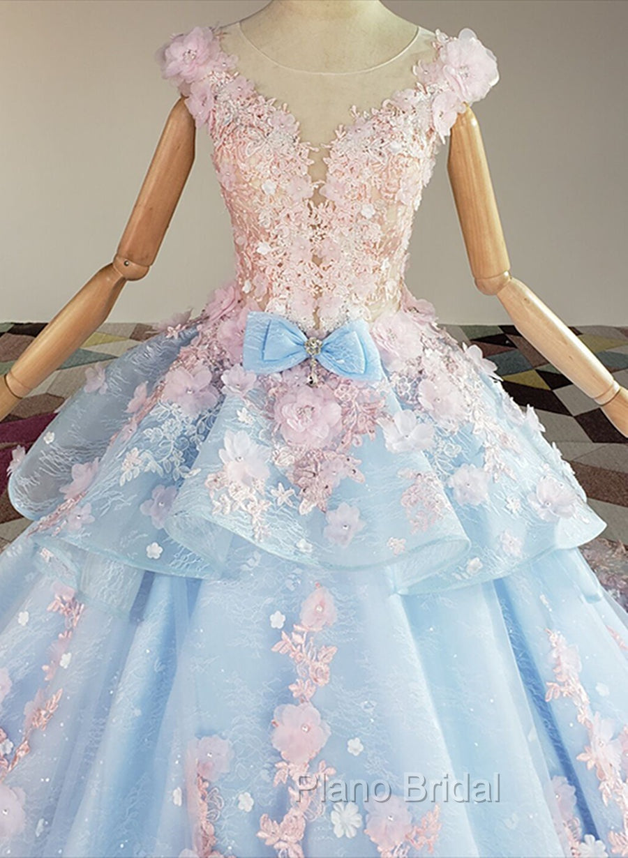 Blue and Pink Ball Gown Tulle with Flowers Sweet 16 Dresses, Blue Formal Dresses