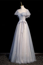 Blue And Pink Beaded Tulle Lovely A-Line Long Party Dresses, Tulle Formal Dresses Formal Prom Dresses