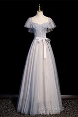 Blue And Pink Beaded Tulle Lovely A-Line Long Party Dresses, Tulle Formal Dresses Formal Prom Dresses