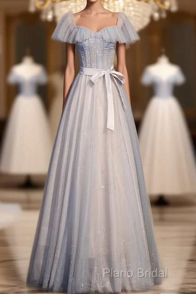 Blue And Pink Beaded Tulle Lovely A-Line Long Party Dresses, Tulle Formal Dresses Formal Prom Dresses Main image