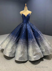 Blue And Silver Ball Gown Sequins Cap Sleeve Prom Dress