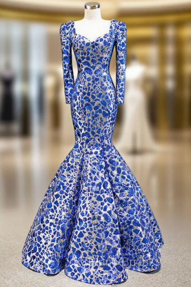 Blue And Silver Sequins Mermaid Long Sleeve Square Formal Prom Dresses