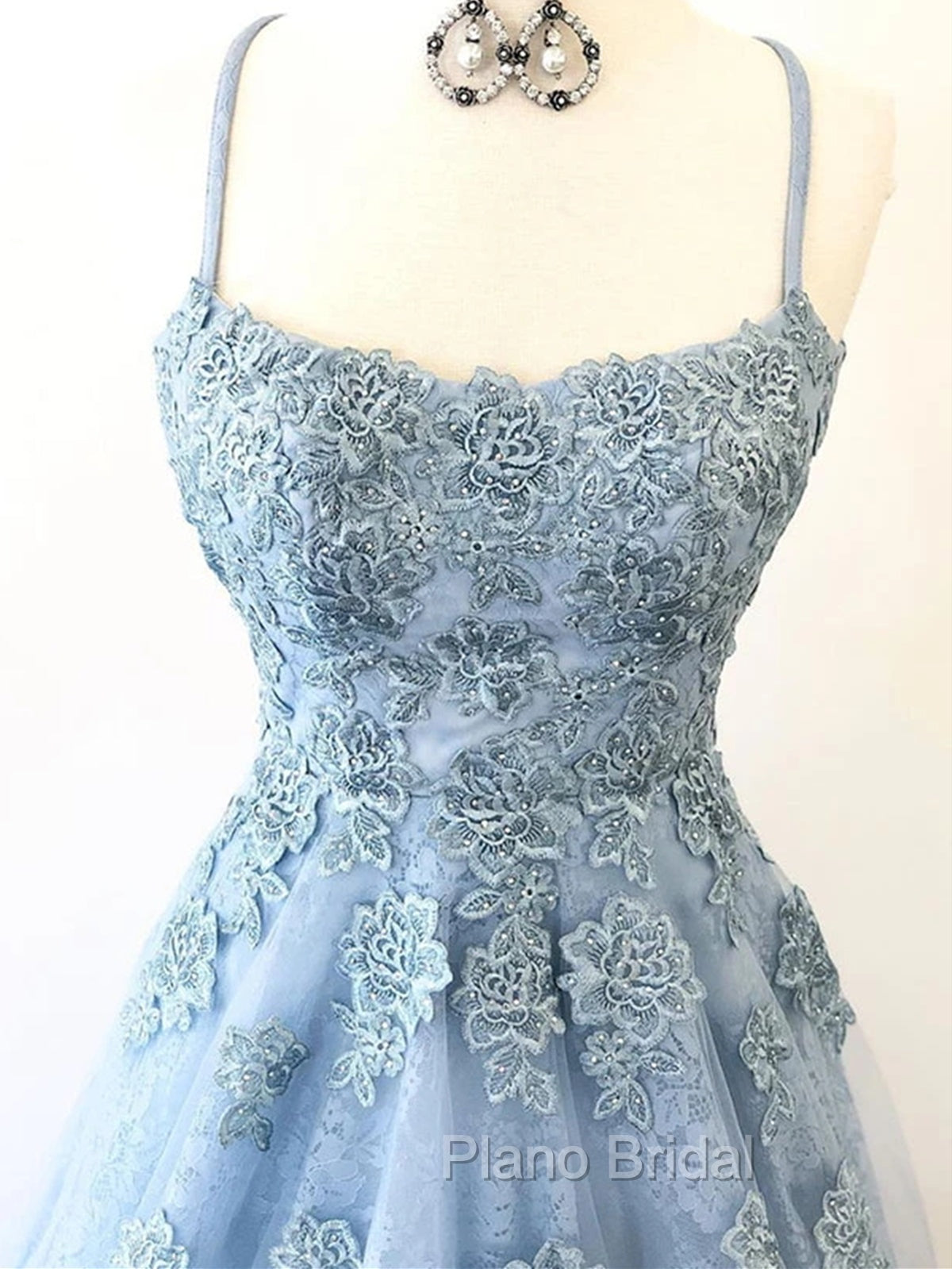Blue Backless Lace Formal Prom Dresses, Open Back Blue Lace Formal Evening Graduation Dresses Secondary image