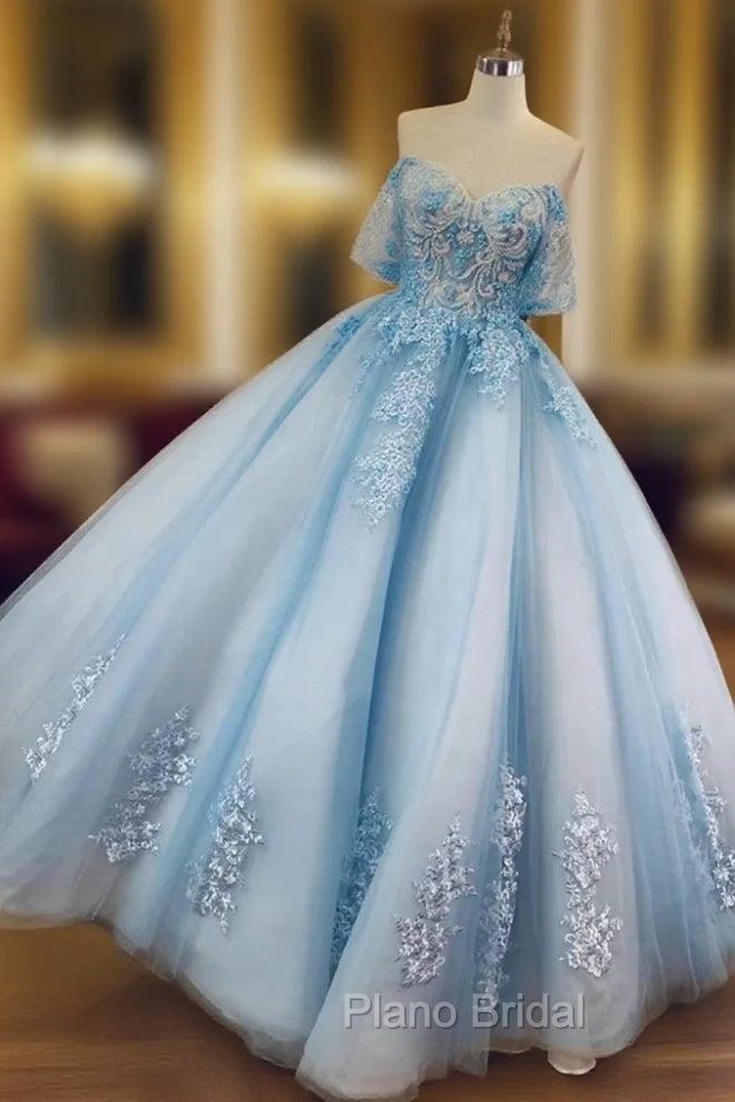 Blue Ball Gown Beaded and Lace Long Sweet 16 Dresses, Blue Tulle Formal Dresses Main image