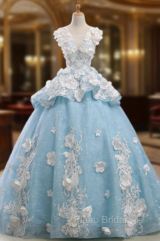 Blue Ball Gown Cap Sleeve Organza Flower Backless Wedding Dresses
